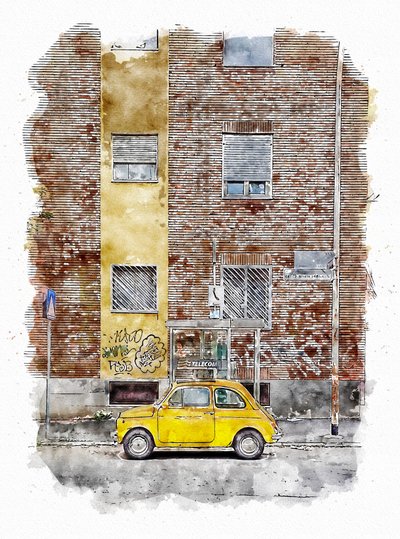 Carro de rua clássico amarelo de Lembayung senja studio [Vintage Poster]