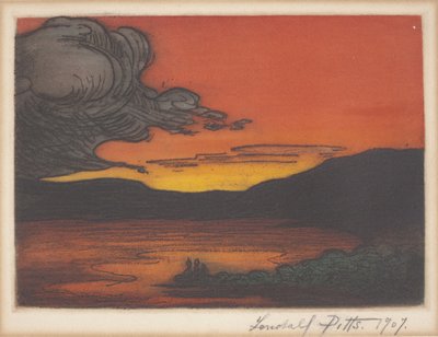 Pôr-do-sol no lago (gravura colorida e aquatint) de Lendall Pitts