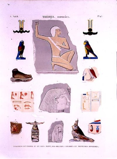 Ilustrações de relevos pintados em pedra e fragmentos de madeira Hypogees, placa 47 de Tebas do Vol II de "Descrições do Egito", gravadas por LeRoy de Lenoir (after)