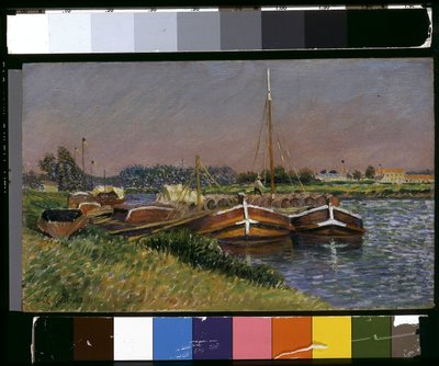 Barcaças sobre o Marne em Lagny (óleo sobre madeira) de Leo Gausson