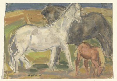 Dois cavalos e um potro numa paisagem de Leo Gestel (signed by artist)