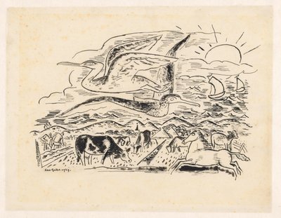 Dois pássaros voam sobre uma paisagem com gado de Leo Gestel (signed by artist)