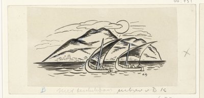Dois veleiros em frente de uma ilha com montanhas de Leo Gestel (signed by artist)