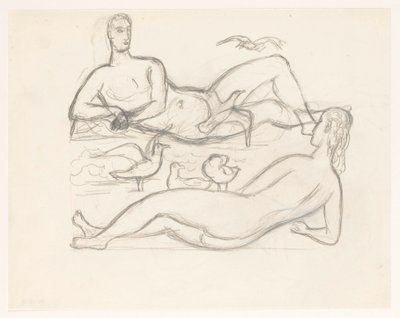 Homem e mulher nus na costa, cercados por gaivotas de Leo Gestel