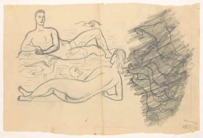 Homem e mulher nus na praia, cercados por gaivotas de Leo Gestel