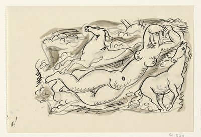 Mulher nua e dois cavalos no mar de Leo Gestel