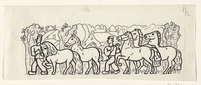 Dois fazendeiros conduzem seus cavalos por uma vila de Leo Gestel