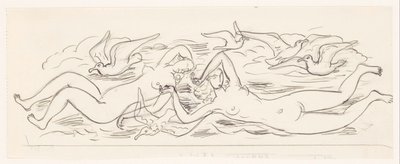 Duas mulheres nadadoras nuas e cinco gaivotas marinhas de Leo Gestel