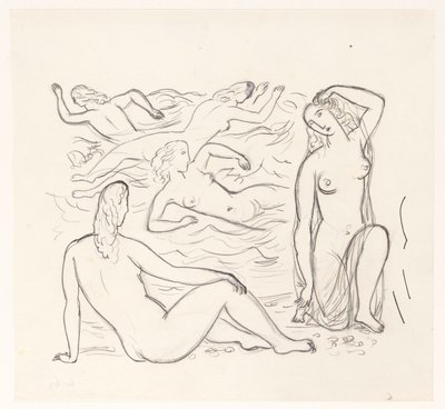 Cinco mulheres nuas, no surf ou na praia de Leo Gestel