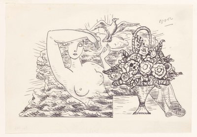 Fêmeas nuas em ondas libertando um pássaro, em primeiro plano um cesto de flores de Leo Gestel