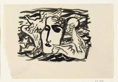 Cabeça de mulher e gaivotas com o mar ao fundo de Leo Gestel