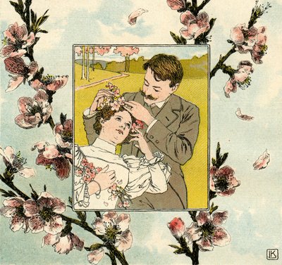 O homem põe flor de primavera no cabelo de uma jovem mulher. de Leo Kainradl