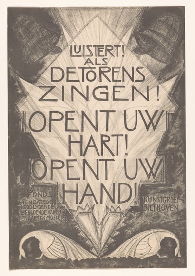 Cartaz para artistas e músicos angustiados ouve! Quando as torres cantam! Abra seu coração! Abra sua mão! (título no objeto) de Leo Visser