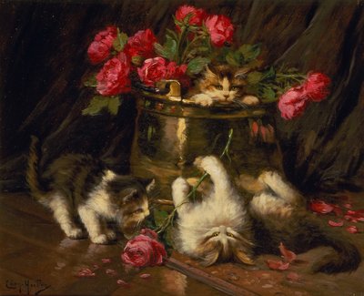 Gatinhos brincalhões (óleo sobre tela) de Leon Charles Huber
