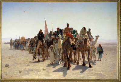 Pelerins indo para Meca Carvane de viajantes em camelos no deserto. Pintura de Leon Auguste Adolphe Belly (1827-1877) 1861 Sol. 1,6x2,4 m Paris, musee d