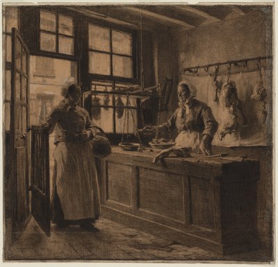 Interior de um talho, c.1881 (carvão e giz preto realçado com giz branco) de Leon Augustin Lhermitte