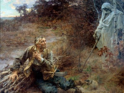 La mort et le woodman Ilustração para a fábula de Jean de La Fontaine (1621-1695) Pintura de Leon Augustin Lhermitte (1844-1925) 1893, 2,06 x 2,42 m Chateau Thierry, musee La Fontaine - A Morte e o madeireiro. Ilustração para a fábula de Jean de La de Leon Augustin Lhermitte