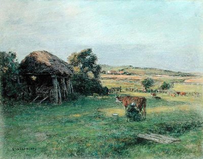 Paisagem com uma mulher camponesa ordenhando uma vaca, meados da década de 1880 (óleo sobre tela) de Leon Augustin Lhermitte