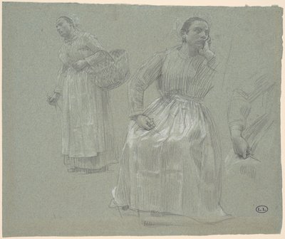 Estudo de duas mulheres, uma sentada e outra segurando uma cesta de Leon Augustin Lhermitte