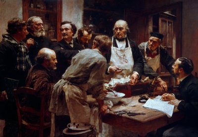 O curso de dissecação do doutor Claude Bernard (1813-1878) (com o avental) na presença de seus alunos Paul Bert (1833-1886) e Arsonval