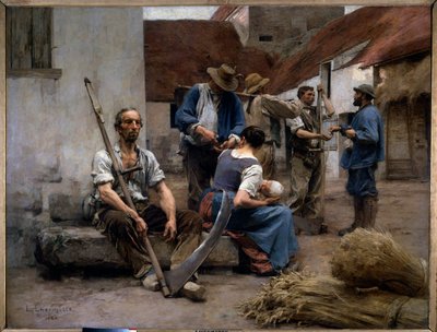 A folha de pagamentos dos camponeses colhedores no quintal de uma fazenda, um deles tem uma falsificação. Pintura de Leon Augustin Lhermitte (1844-1925) 1882 Sun. 2,15x2,72 m Paris, musee d