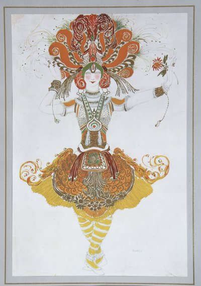 Figurino de Tamara Karsavina no balé O Firebird Loiseau de feu por I. Stravinsky, 1909-1910 de Leon Bakst