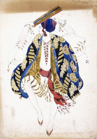 Figurino para um dançarino do sexo masculino em "Danse Juive", usando bijuteria e turbante, tocando pandeiro, de Leon Bakst