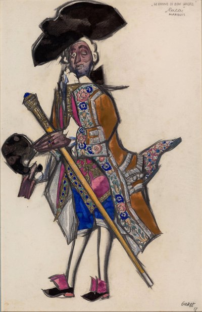 Desenho de trajes para o ballet Les femmes de bonne humeur (As Senhoras de Bom Humor) de Leon Bakst