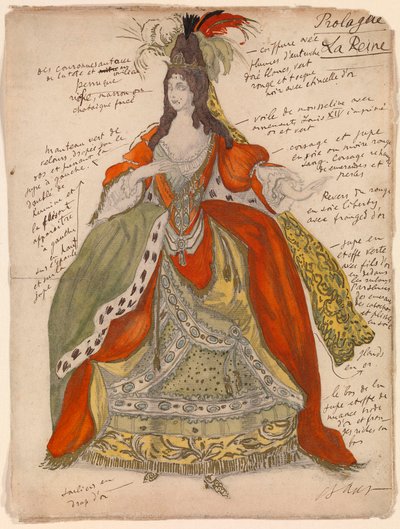 Traje preparatório da rainha, para o balé ""La belle au bois dormente"" de Piotr Tchaikovsky (1840-1893) (Figurino para o balé A Bela Adormecida de P Tchaikovsky) - Obra de Leon Bakst (1866-1924), lápis e aquarela em papel (33x25 cm) de Leon Bakst
