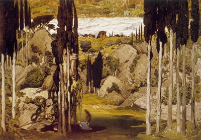 Decoração de Léon Bakst, pintor e decorador russo, baseada em uma aquarela original, para o balé de Maurice Ravel, “Daphnis et Chloé” de Leon Bakst