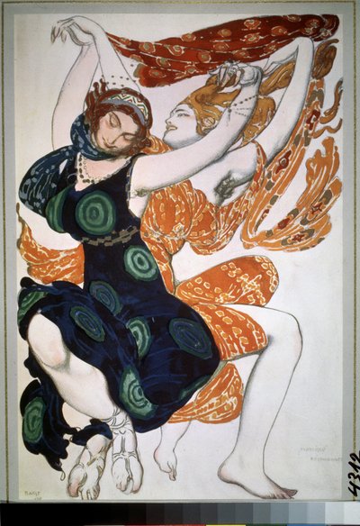 Duas beotiennes, desenho de fantasia para o ballet Narcisse de Nikolai Tcherepnin (1873-1945). Desenho de Leon Bakst (1866-1924). Aguarela, guache, ouro e prata sobre papel. de Leon Bakst