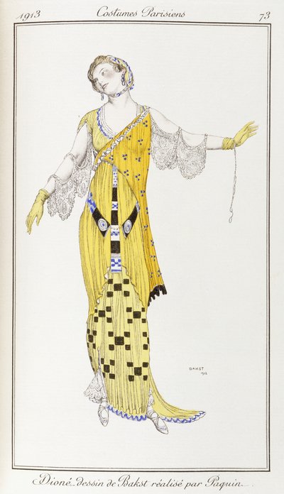 Roupas parisienses: desenho de Dione de Bakst executado por Paquin, 1913 de Leon Bakst