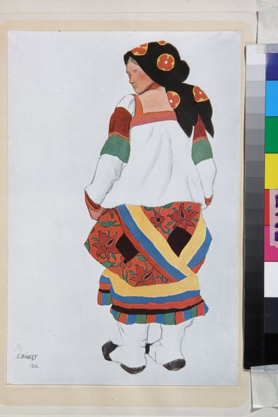 Camponesa, figurino para o Vaudeville Old Moscow, no Teatro Femina, Paris (França) - Obra de Leon Bakst (1866-1924), litografia 1922 - (Camponesa, Figurinos para o Vaudeville Old Moscow, no Teatro Femina em Paris, por Leon Bakst (1866-1 de Leon Bakst