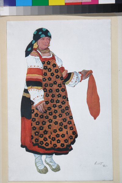 Mulher camponesa, desenho de figurino para o Vaudeville Old Moscow, no Theatre Femina em Paris de Leon Bakst