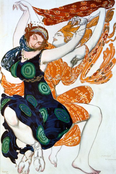 Dois Bacchantes, figurino para uma produção de Ballets Russes de Tcherepnins Narcisse, 1911 de Leon Bakst