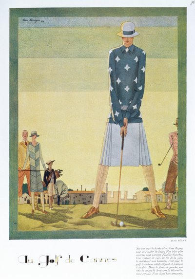 Desenho de vestido de golfe por Jane Regny, placa de moda da revista 