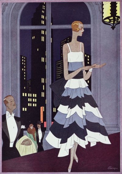 Sob os Olhos dos Arranha-céus de Nova Iorque, revista de moda "Femina", Dezembro de 1928 (cor litho) de Leon Benigni