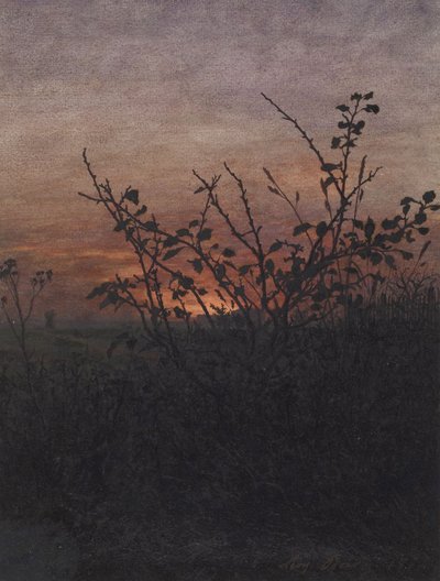 Abrunheiro-bravo (?) diante de uma paisagem ao pôr do sol de Léon Bonvin