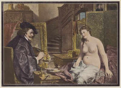 Rembrandt, artista holandês a trabalhar no seu estúdio (cor litho) de Leon Brunin