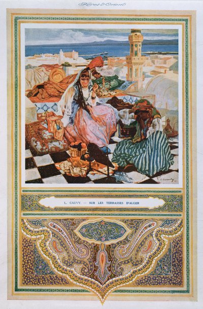 Mulher, fumar, um, shisha, (water, pipe), ligado, um, terraço, em, argel, c.1900, 9colour, litho) de Leon Cauvy