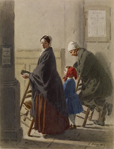 Homem, mulher e menina em oração na igreja, 1864 (wc e grafite sobre papel) de Leon Henri Antoine Loire