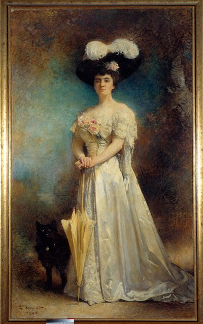 Portrait en pied de madame Maurice Pascal e son chien Tiny Painting de Leon Joseph Bonnat (1833-1922) 1905 Sun. 2,17x0,9 m Pau, musee des Beaux Arts - Retrato completo de Madame Maurice Pascal e seu cão, Tiny. Pintura de Leon Joseph Bonnat (1833-19 de Leon Joseph Florentin Bonnat