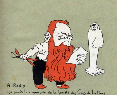 Desenho animado de Auguste Rodin com uma nova comissão da Societe des gens de lettres (Escultura de Balzac) - Ilustração de Leon Lebegue (1863-1944) - Gravura em "Le sun-du-dimanche" de Leon Lebegue