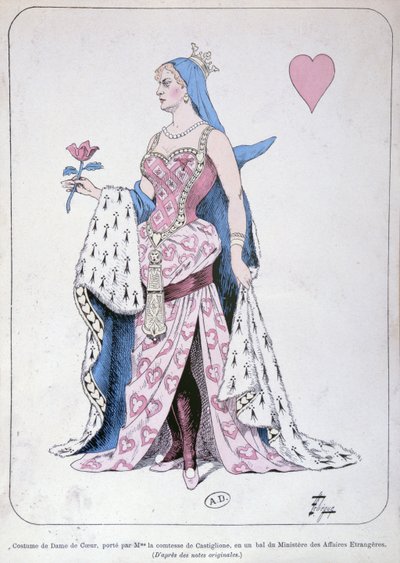 La Castiglione vestida como a rainha dos corações para um baile no Ministério das Relações Exteriores em Paris de Leon Lebegue