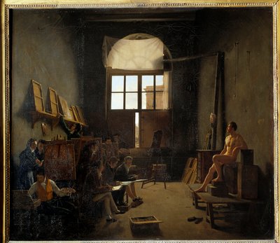 Interior do estúdio de David no College of Four Nations em 1814 (actual Institut de France). Pintura de Mathieu Cochereau (1793-1817) de Leon Mathieu Cochereau