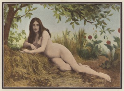Verão, mulher deitada no feno (lito colorido) de Leon Printemps