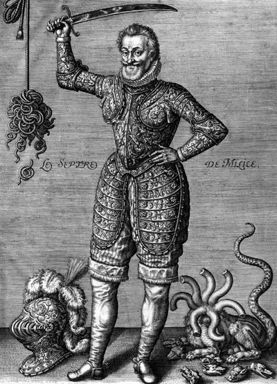 Henri IV (1553-1610) rei francês em 1589-1610, aqui usando uma armadura, segurando uma espada, como uma direita de erros, gravada por Leonard Gaultier de Leonard Gaultier