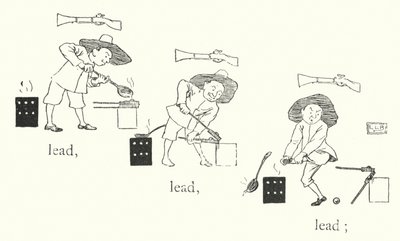 Havia um homenzinho, e ele tinha uma pequena arma, e as suas balas eram feitas de chumbo, chumbo, chumbo (gravura) de Leonard Leslie Brooke