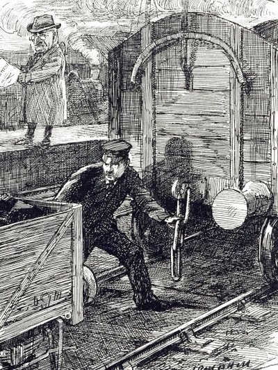 Uma banda desenhada que comenta os acidentes dos trabalhadores dos caminhos-de-ferro. Ilustrado por Leonard Raven-Hill (1867-1942), artista, ilustrador e cartoonista inglês, século XX de Leonard Raven Hill