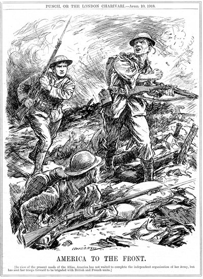 Reforços americanos para ajudar as tropas aliadas antes da chegada do principal exército dos EUA, Primeira Guerra Mundial, 1918 de Leonard Raven Hill